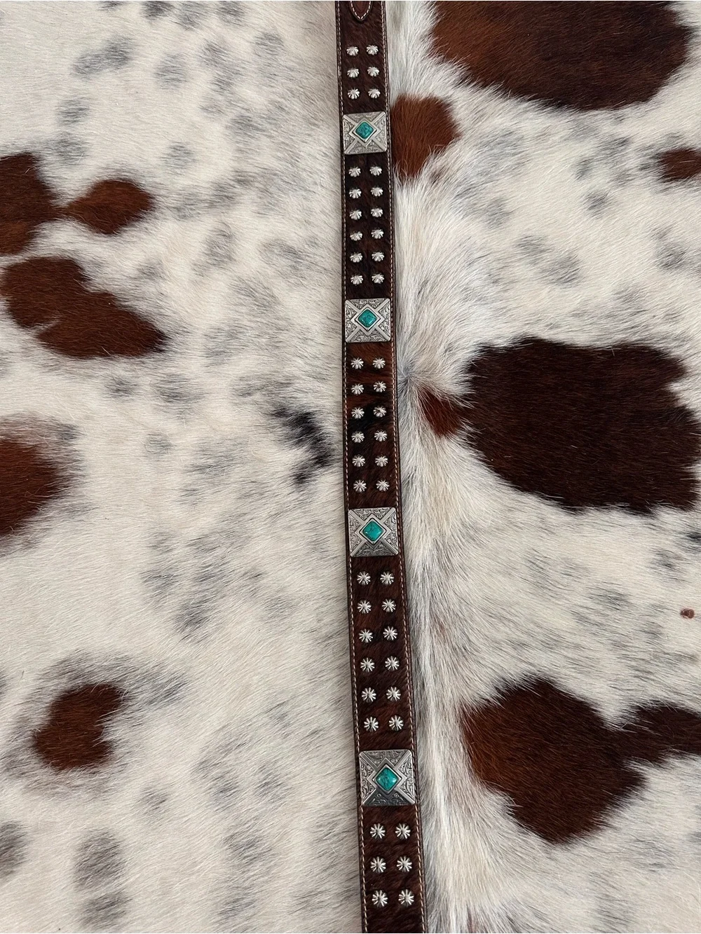 Nocona Belt Co. Turquoise Stone Calf Hair Tooled Leather Belt SZ 38 Western READ